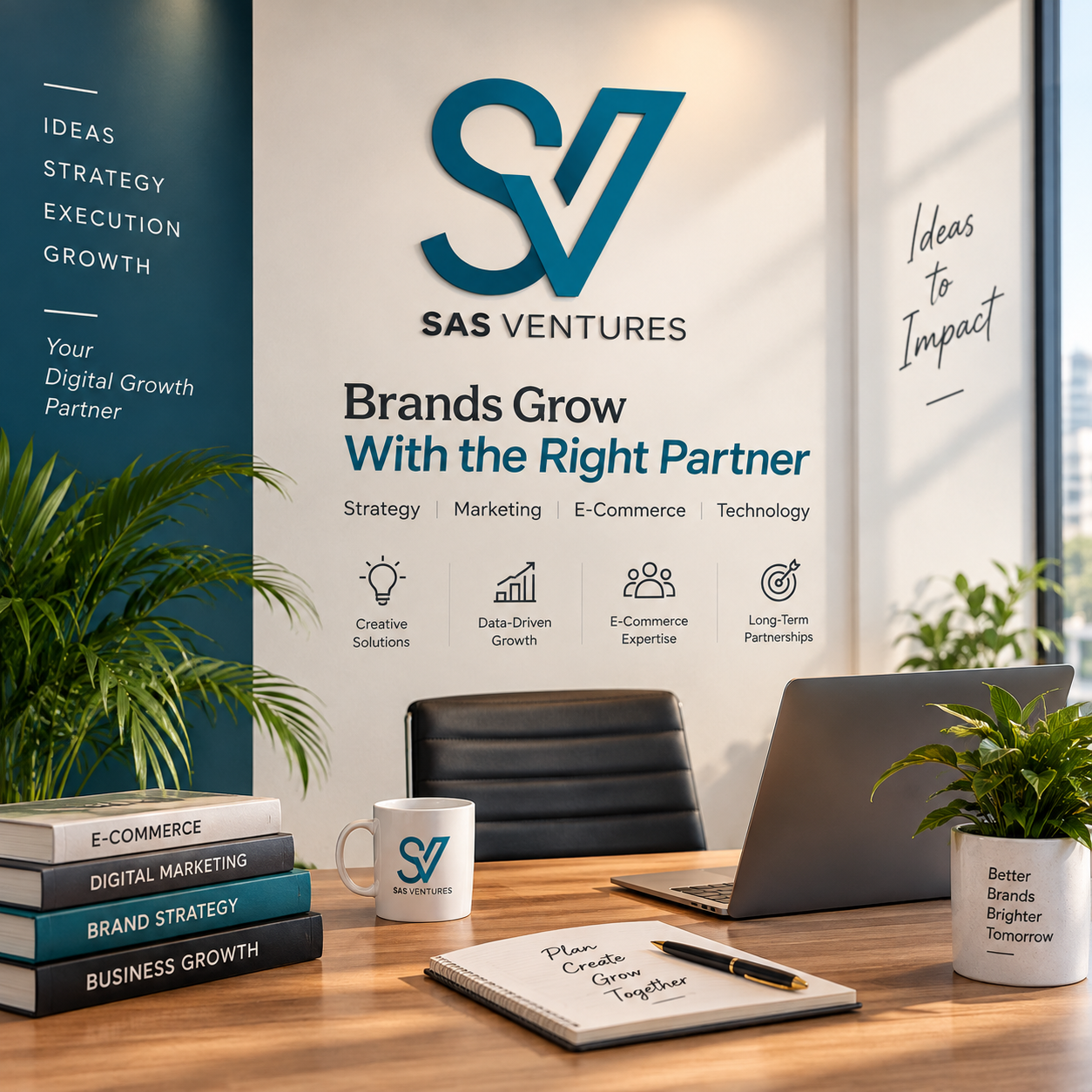 A modern professional workspace displaying the SAS Ventures logo, digital growth messaging, e-commerce books, laptop, and branded mug, representing our marketing expertise.
